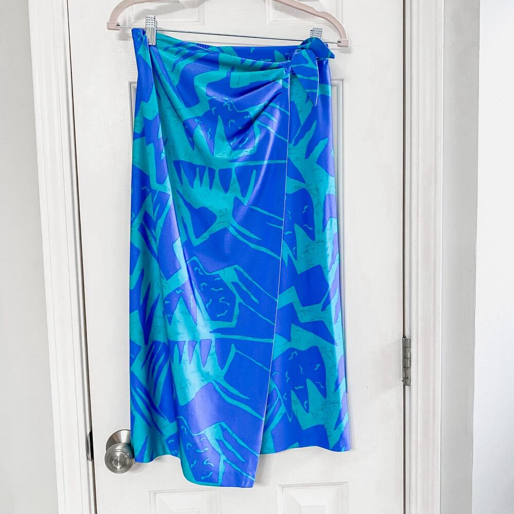 STEWART • Blue + Green Printed Vintage Tropical Sarong Swim Wrap